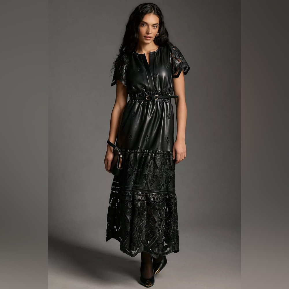 NWT Anthropologie The Somerset Maxi Dress: Faux Leather Embroidered Edition L